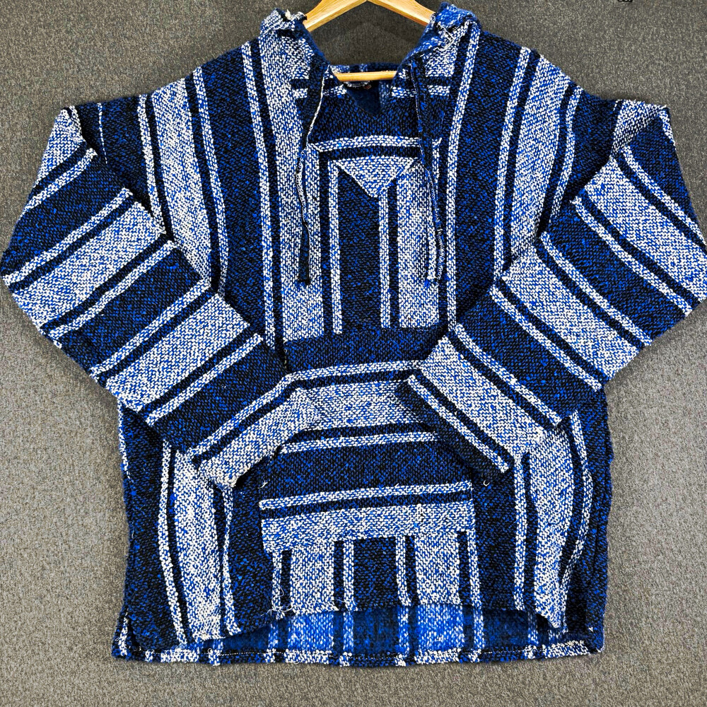 Baja Hoodie XL Blue Black White Striped Woven Pullover Drug Rug Surf Boho